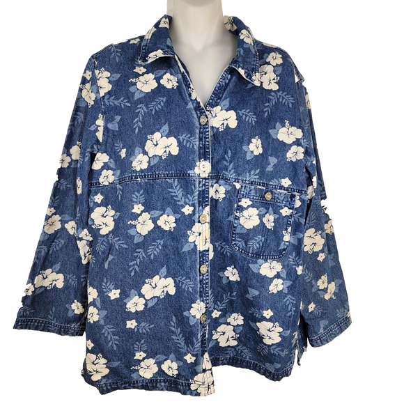 Denim & Co Womens Shirt Jacket Large Demin Floral Shacket Button Pockets Blue - Picture 1 of 8